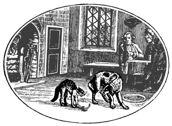 Old fashioned black and white drawing of a cat and dog meeting. Cat’s back is arched and dog appears to be baring teeth animal behavior illustration