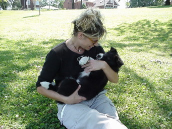 Young woman sitting on the grass, laughing as her Border Collie puppy circles around her Young woman and Pup