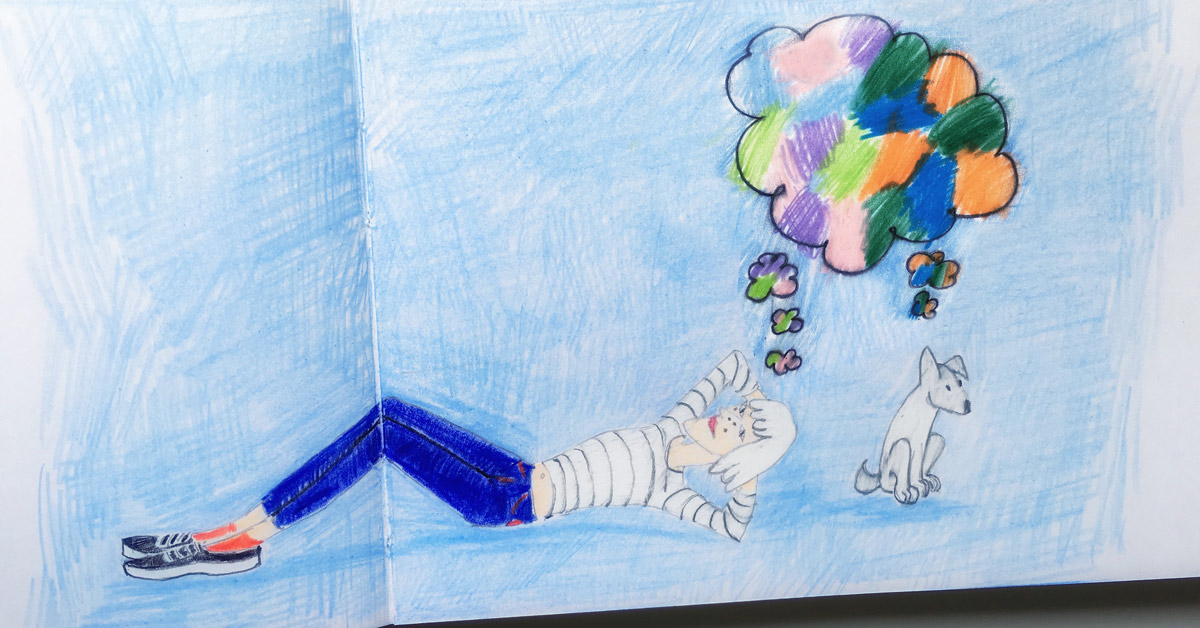a girl and her puppy with a thought cloud above their heads
