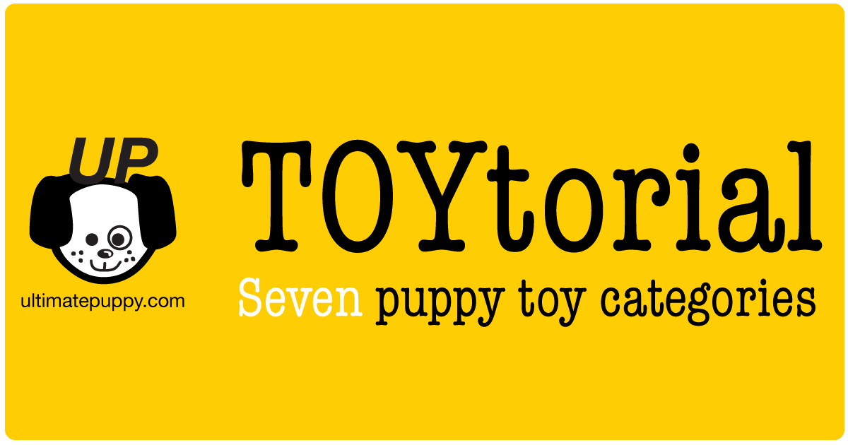 This is a graphic that says “TOYtorial, Seven puppy toy categories”. It also has the ultimatepuppy.com & logo on it